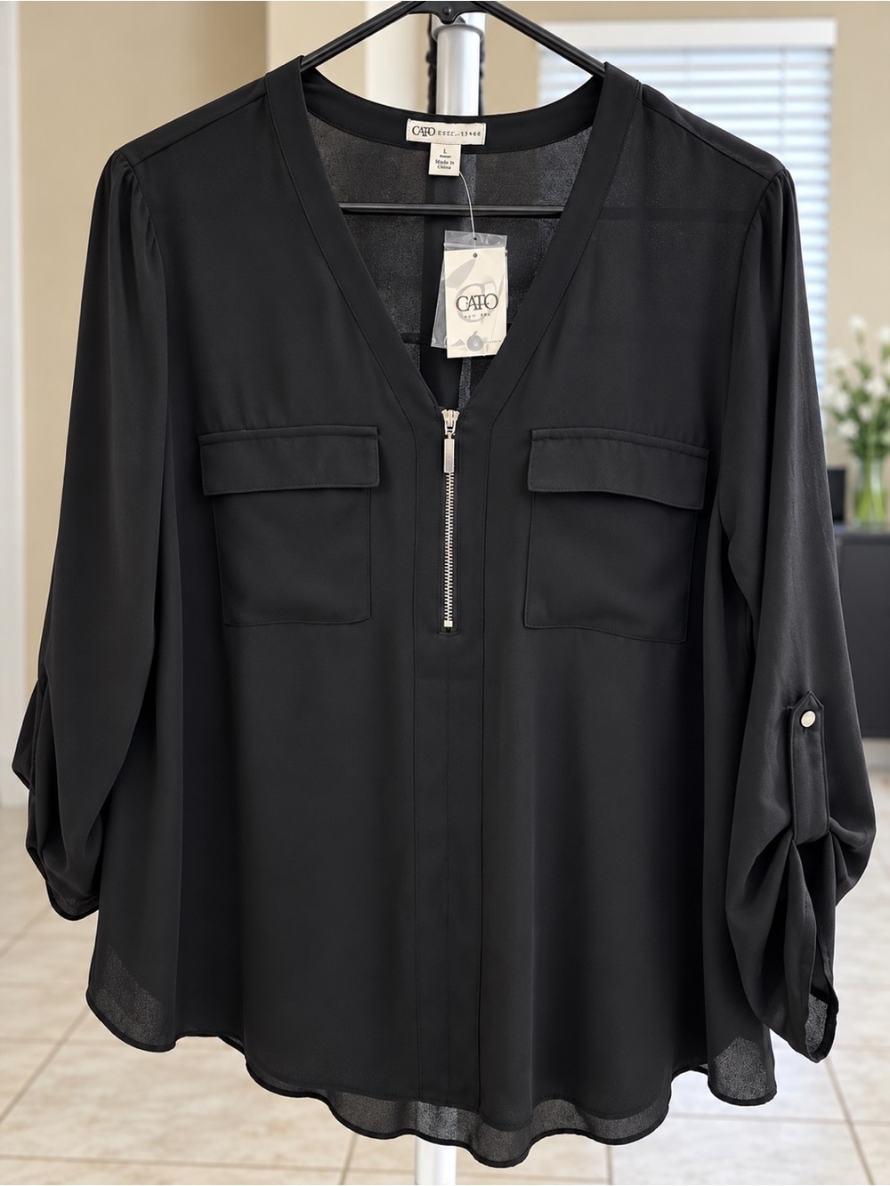 Cato Black V-Neck Zip Front Blouse with Roll-Tab Sleeves